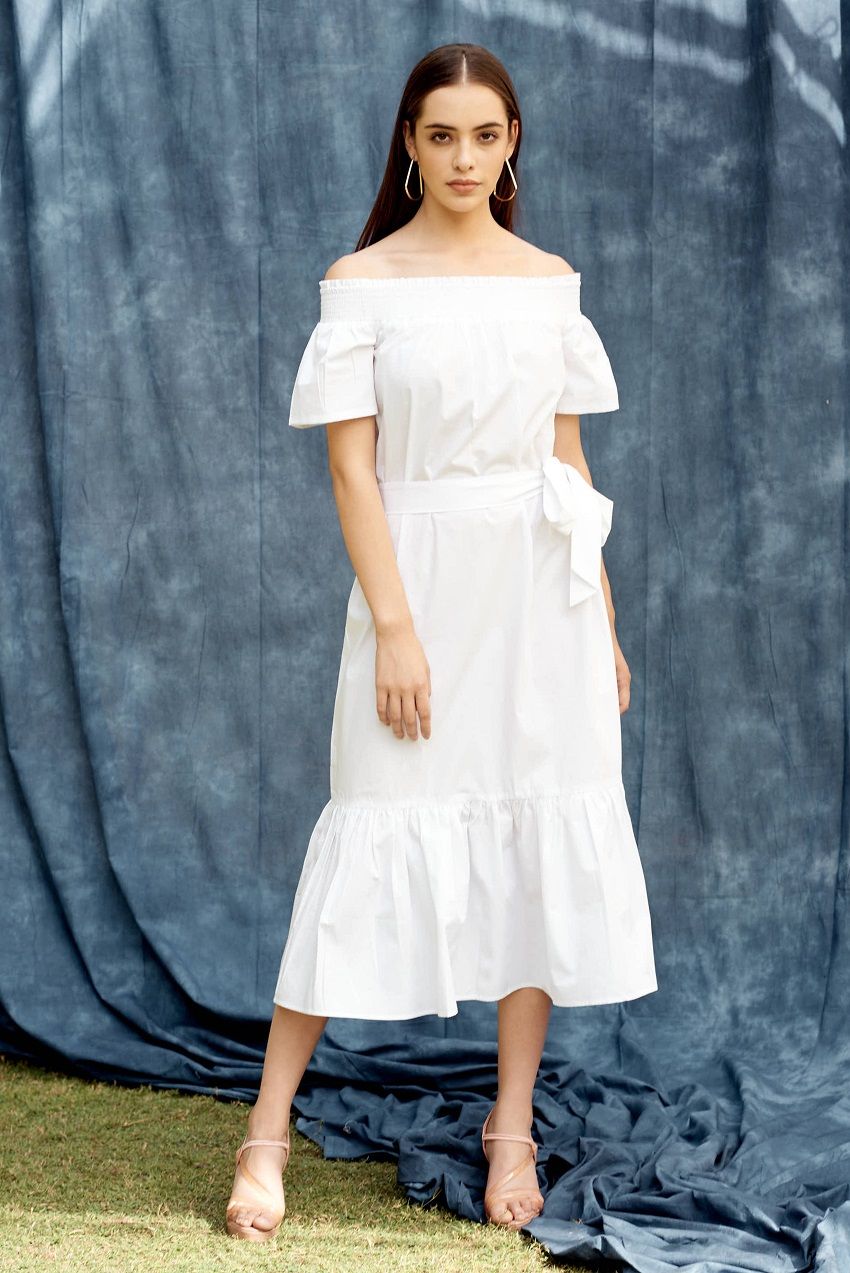 Off shoulder shop belted dress