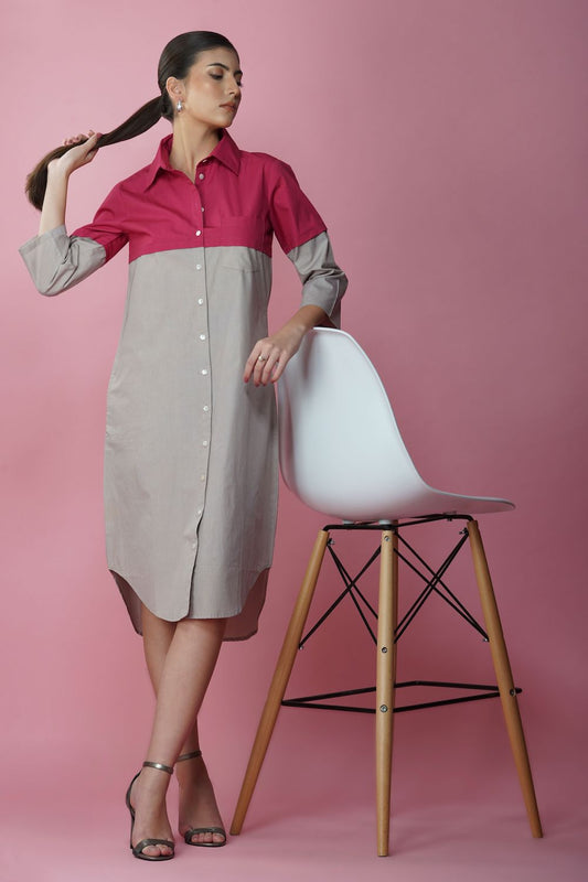 Ecru and magenta long shirt dress