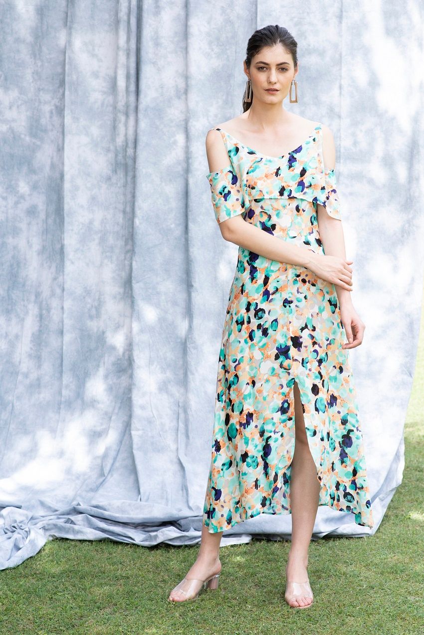 Balmy, patterned, cold shoulder, front slit dress