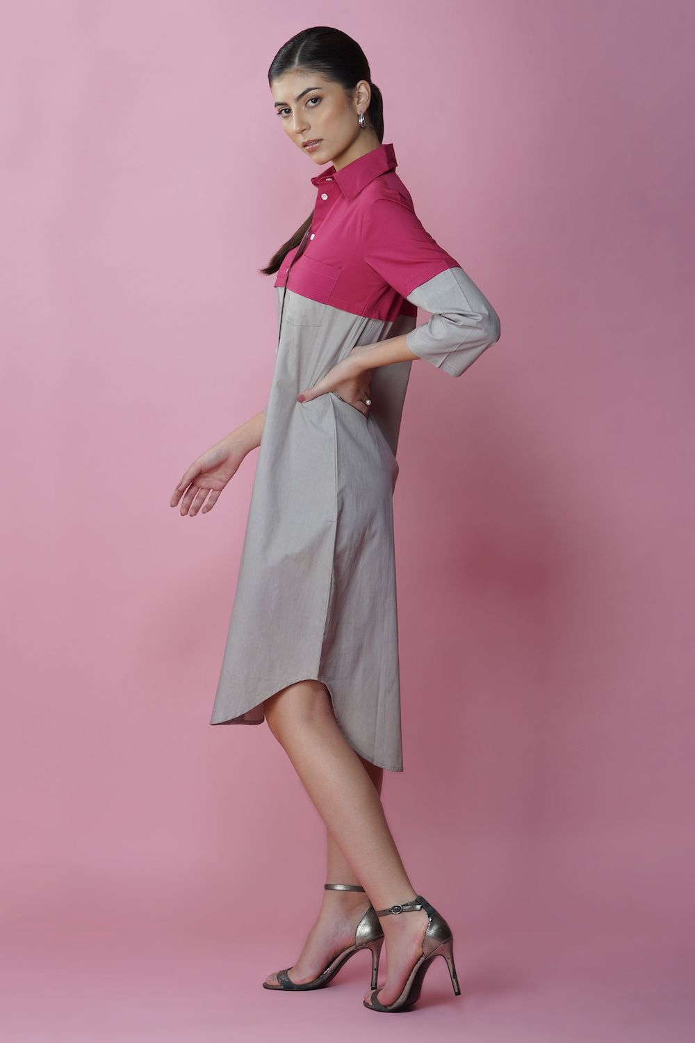 Ecru and magenta long shirt dress