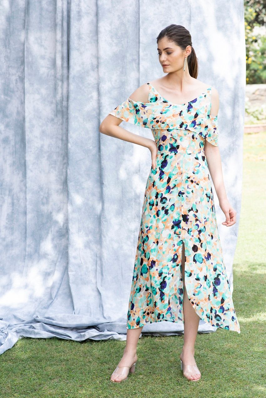 Balmy, patterned, cold shoulder, front slit dress