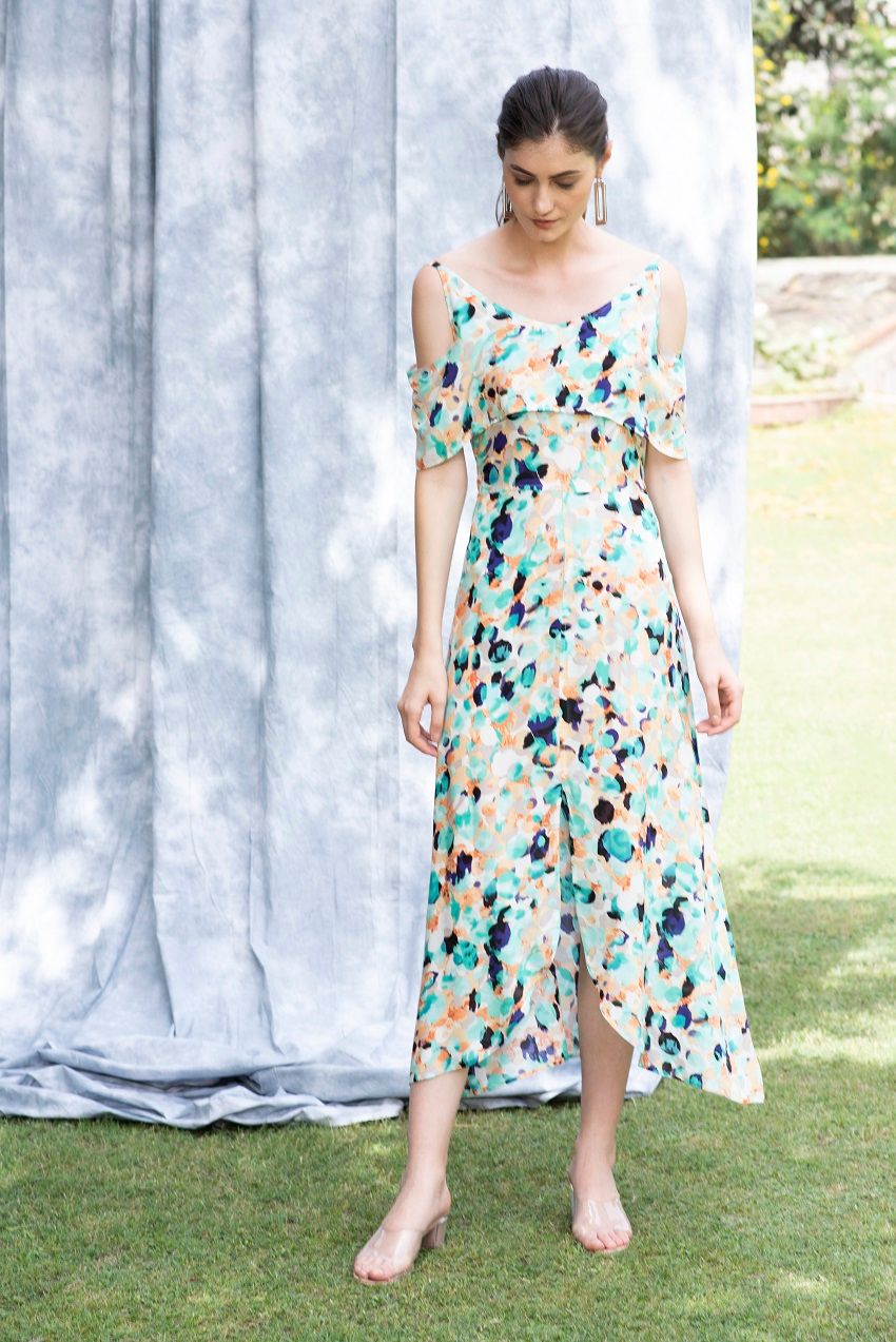 Balmy, patterned, cold shoulder, front slit dress