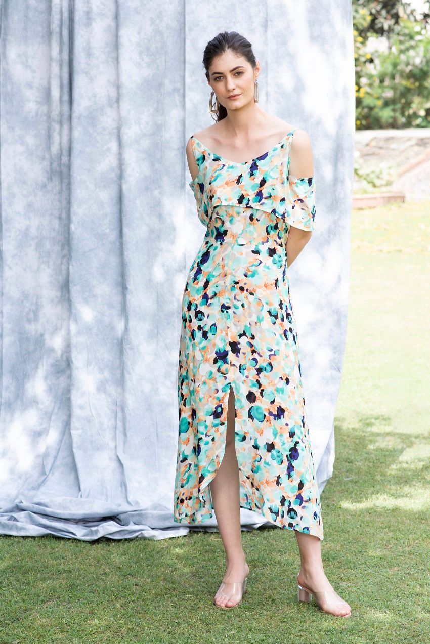 Balmy, patterned, cold shoulder, front slit dress