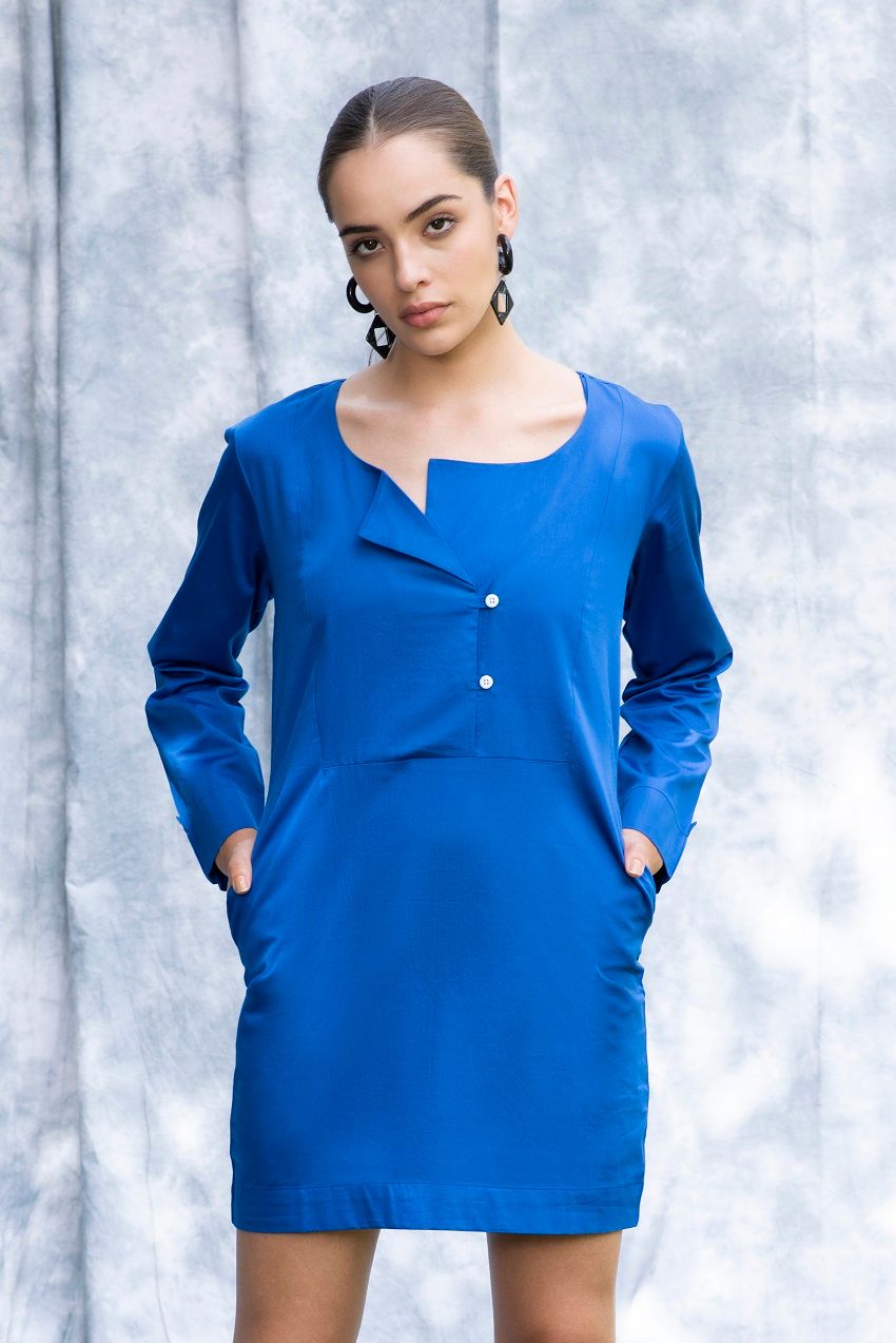 Flattering, electric blue, full sleeves short dress