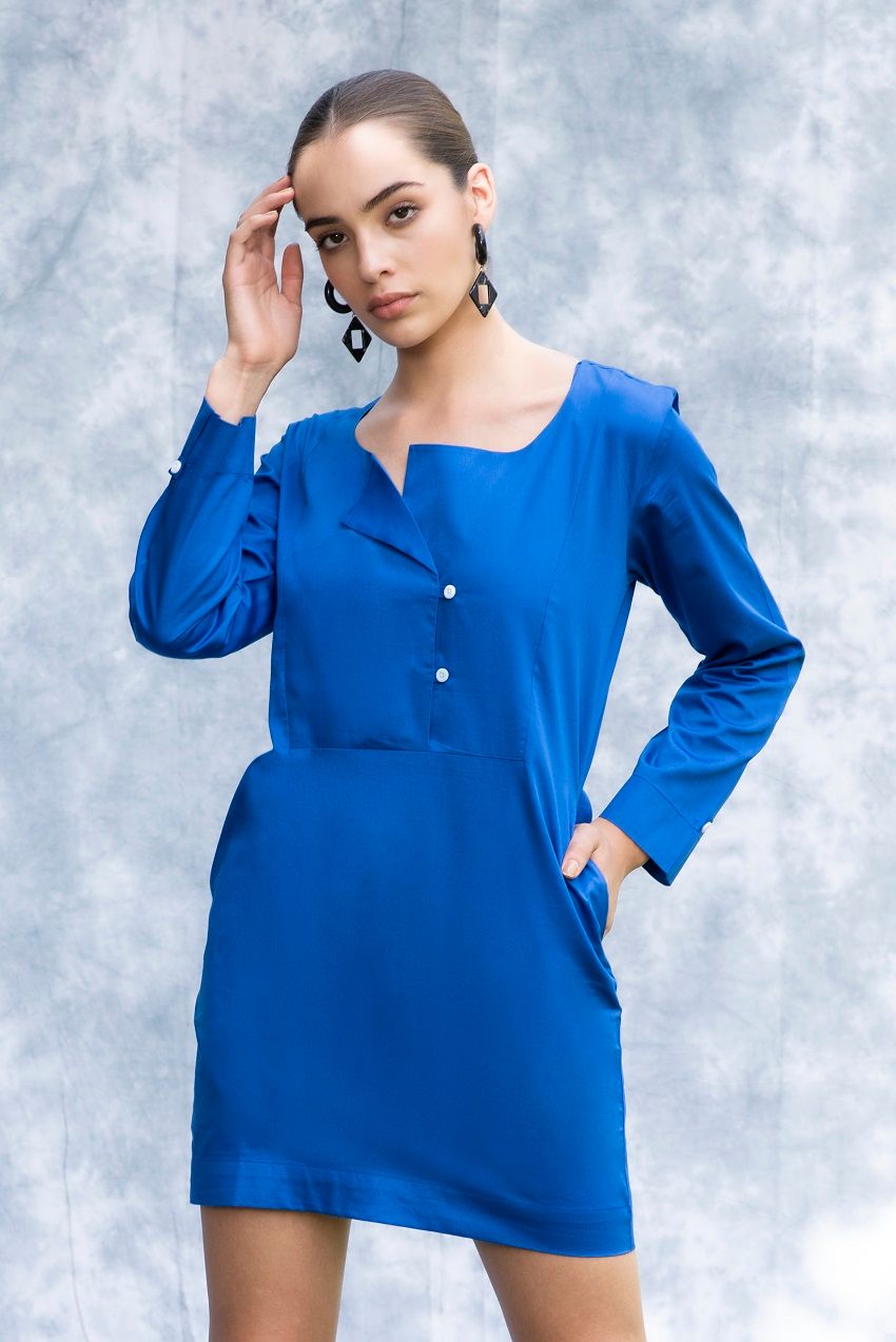 Flattering, electric blue, full sleeves short dress