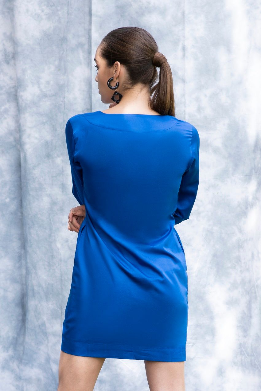 Flattering, electric blue, full sleeves short dress