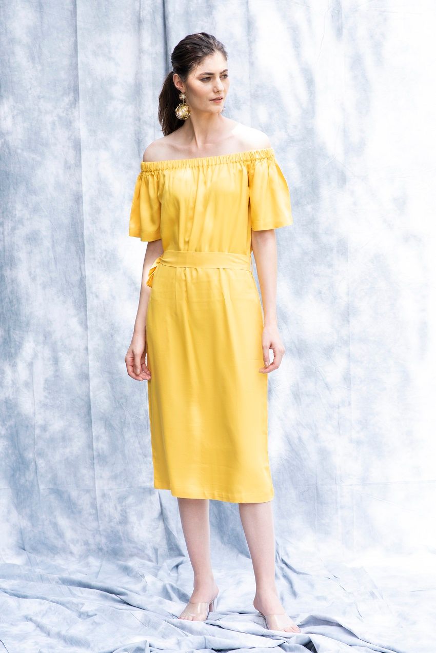 Amber, off shoulder, belted midi dress