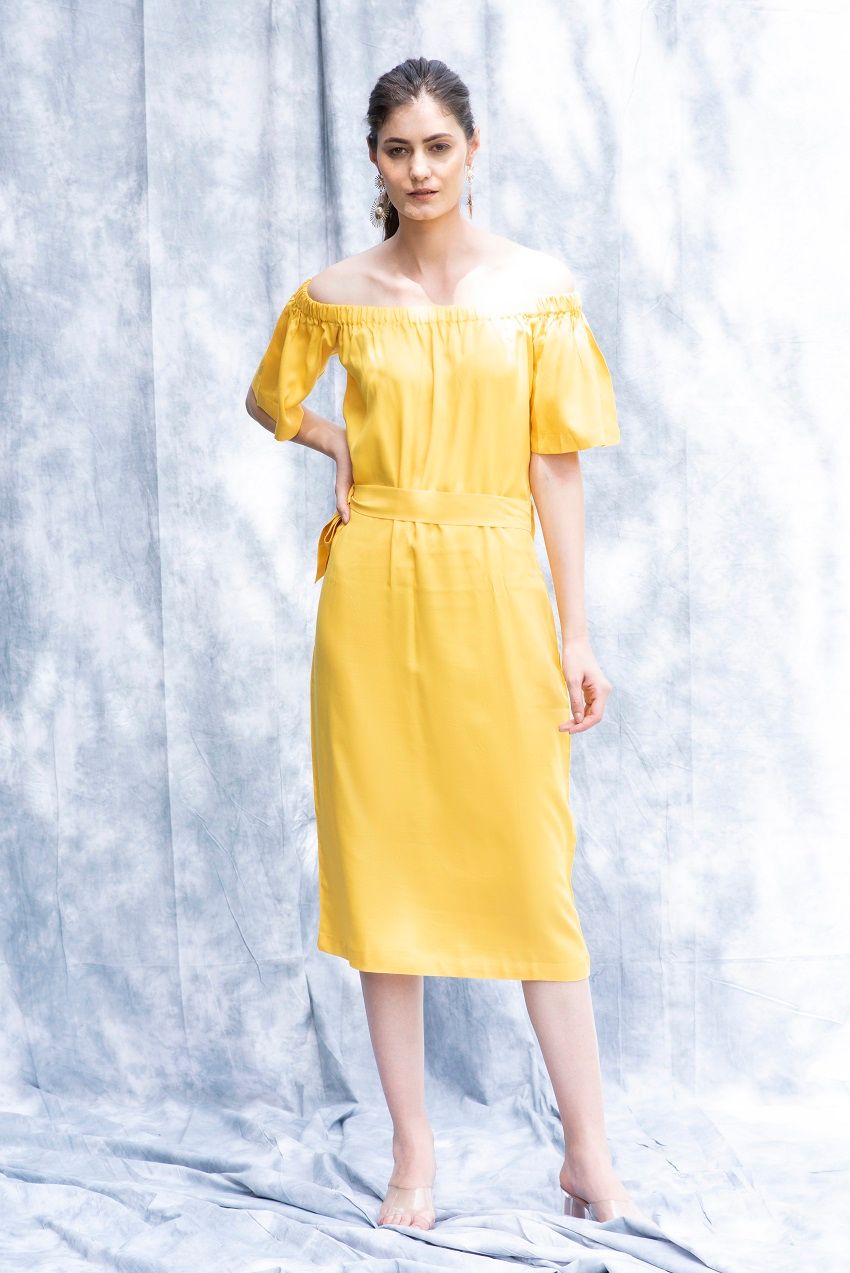 Amber, off shoulder, belted midi dress