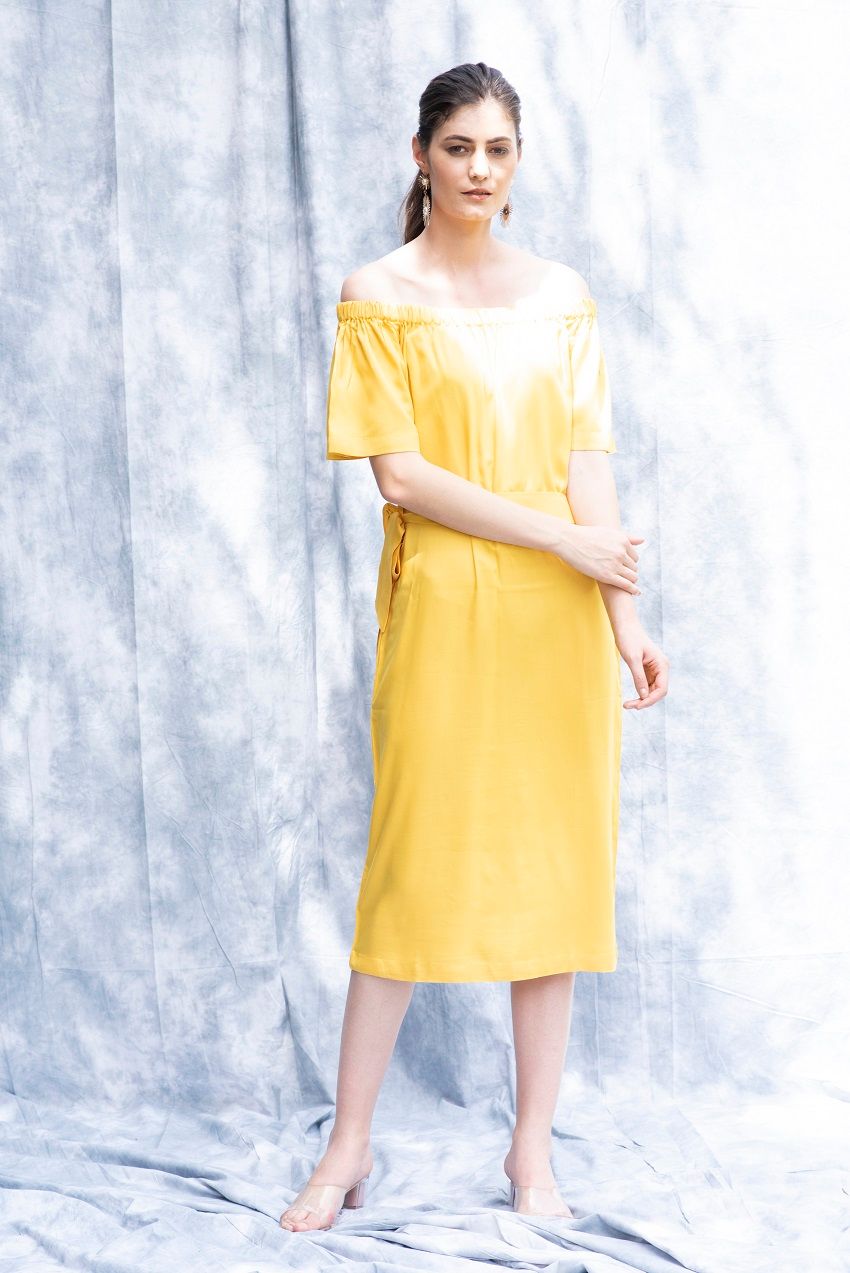 Amber, off shoulder, belted midi dress