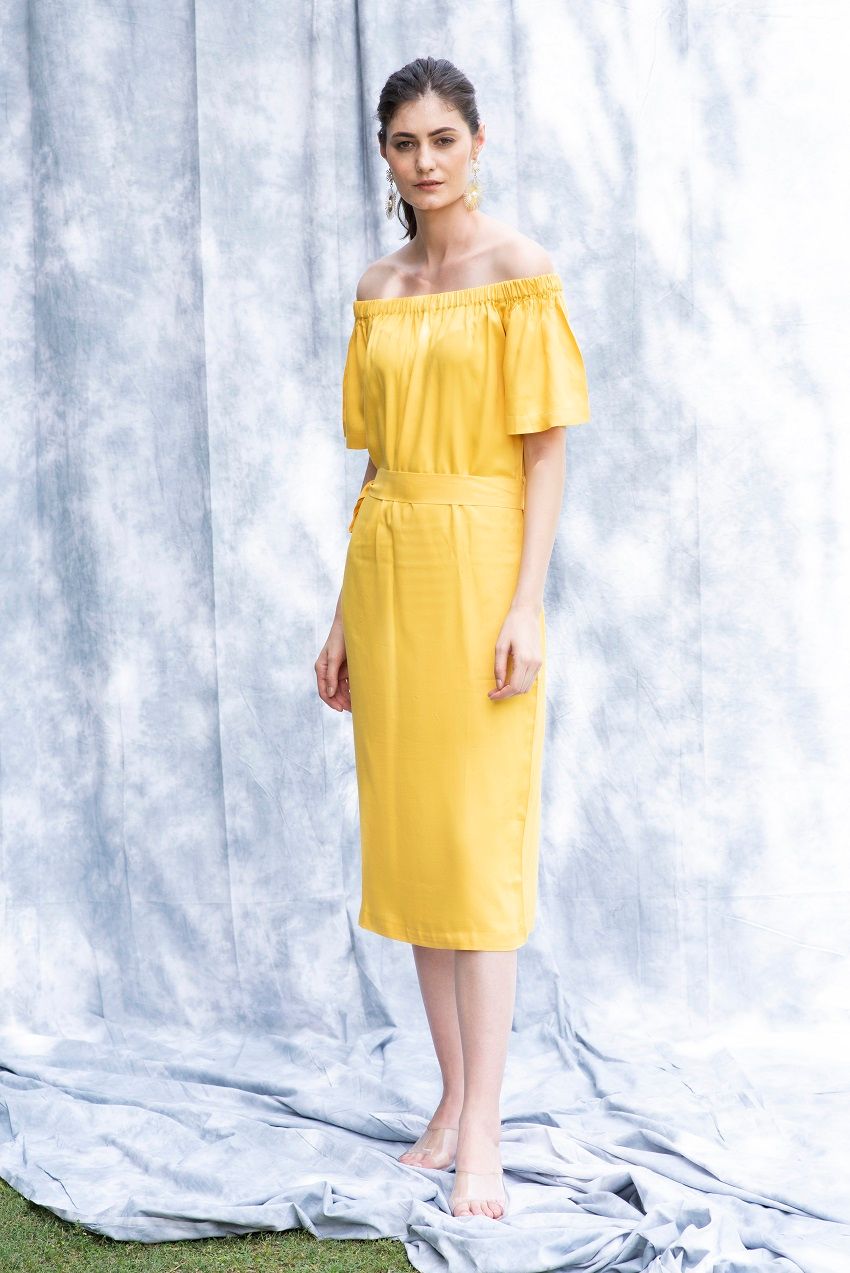 Amber, off shoulder, belted midi dress