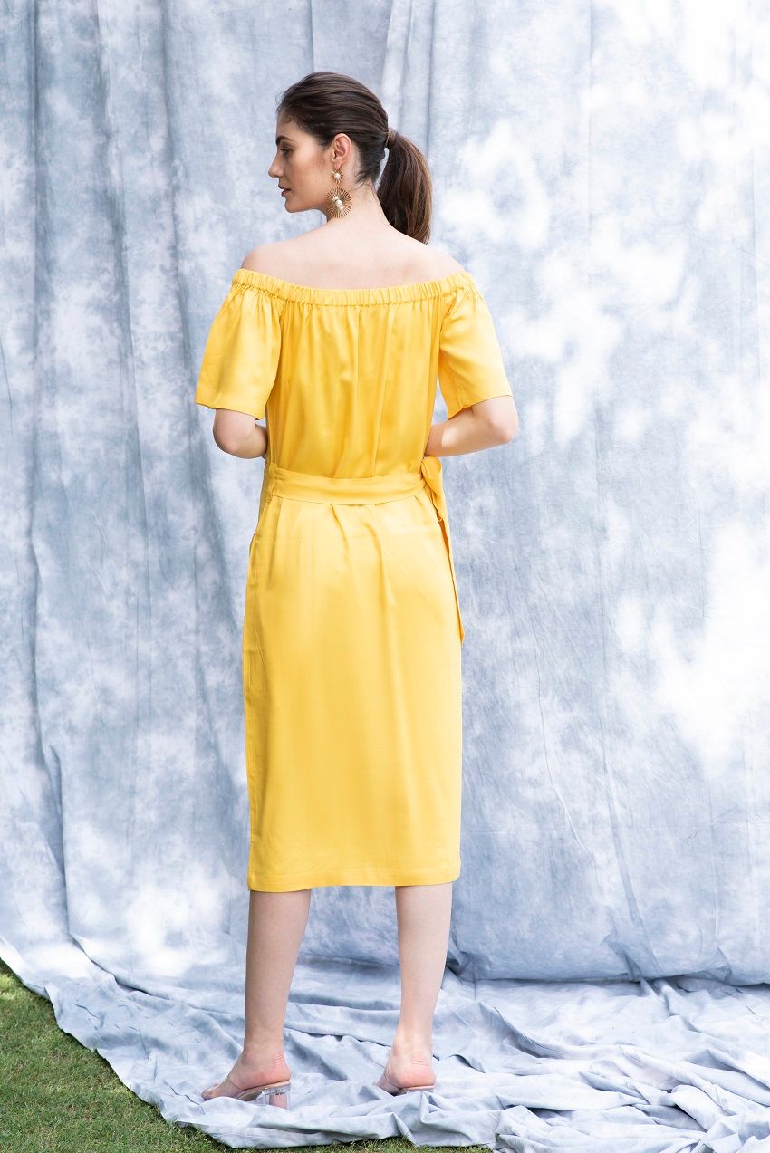 Amber, off shoulder, belted midi dress