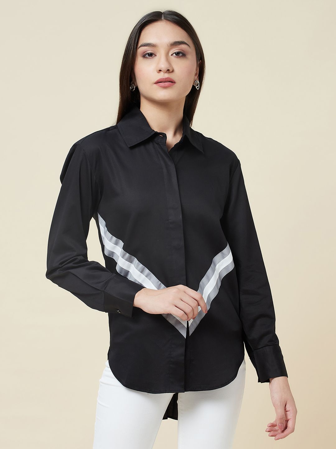 Anysa signature grey and white striped black shirt