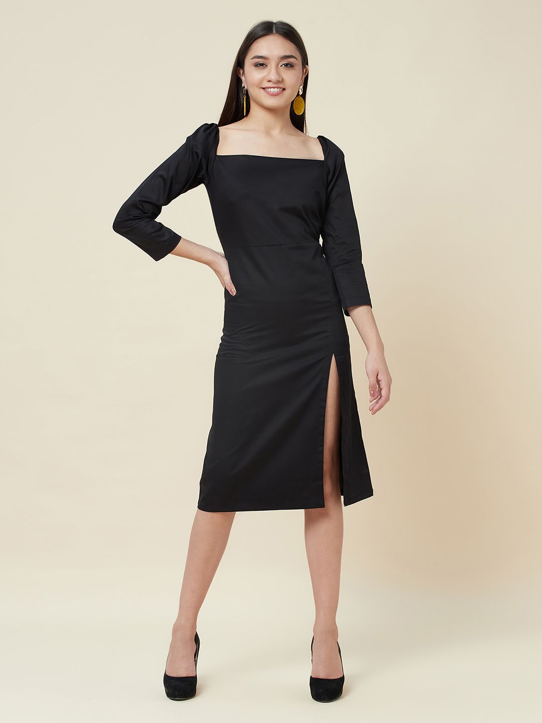 Retro square neck split midi dress in black