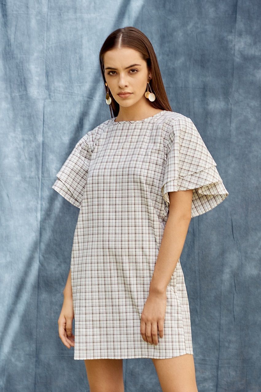 Stand out checked layered ruffled sleeves knee length dress