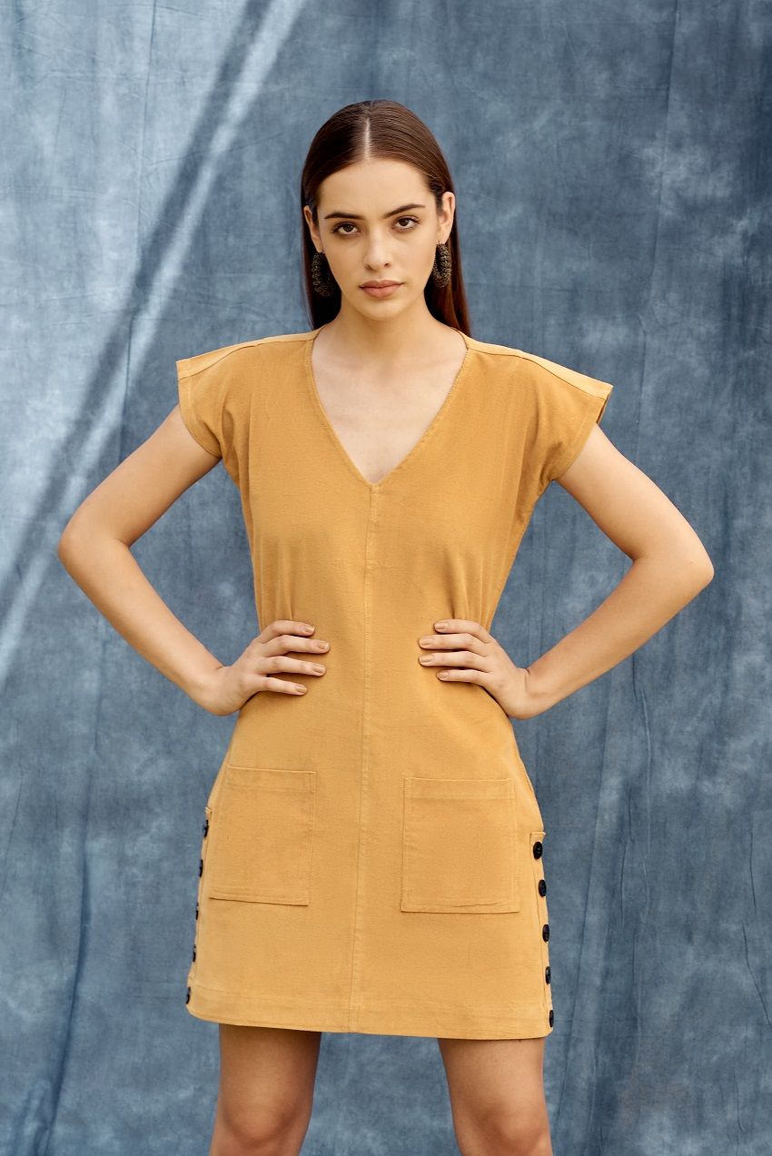 Mustard buttoned side slit short dress