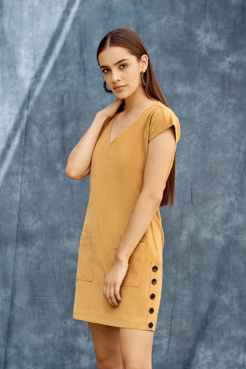 Mustard buttoned side slit short dress