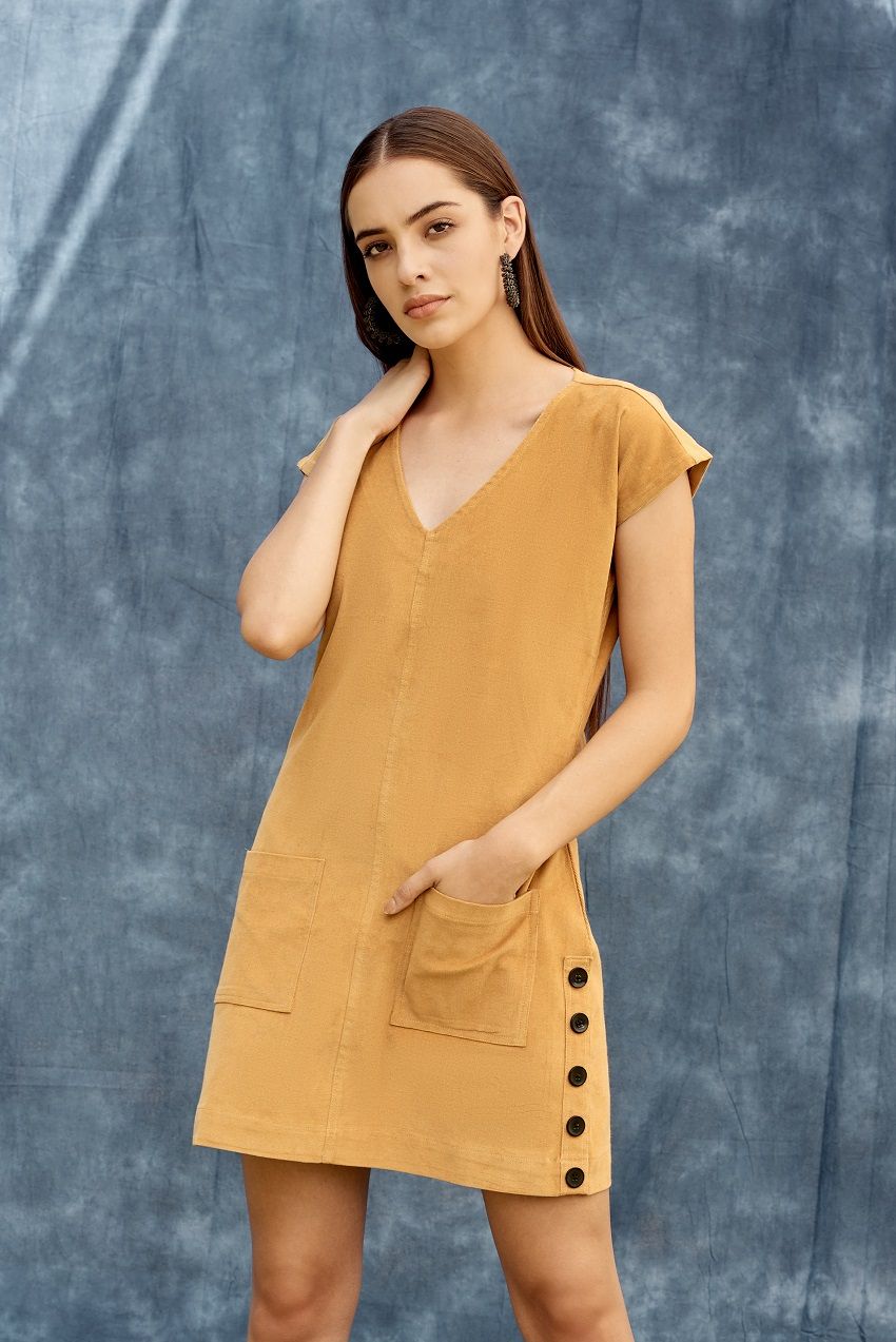 Mustard buttoned side slit short dress