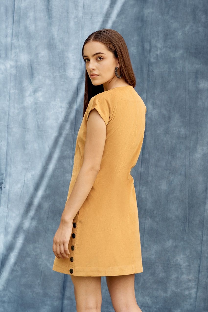 Mustard buttoned side slit short dress