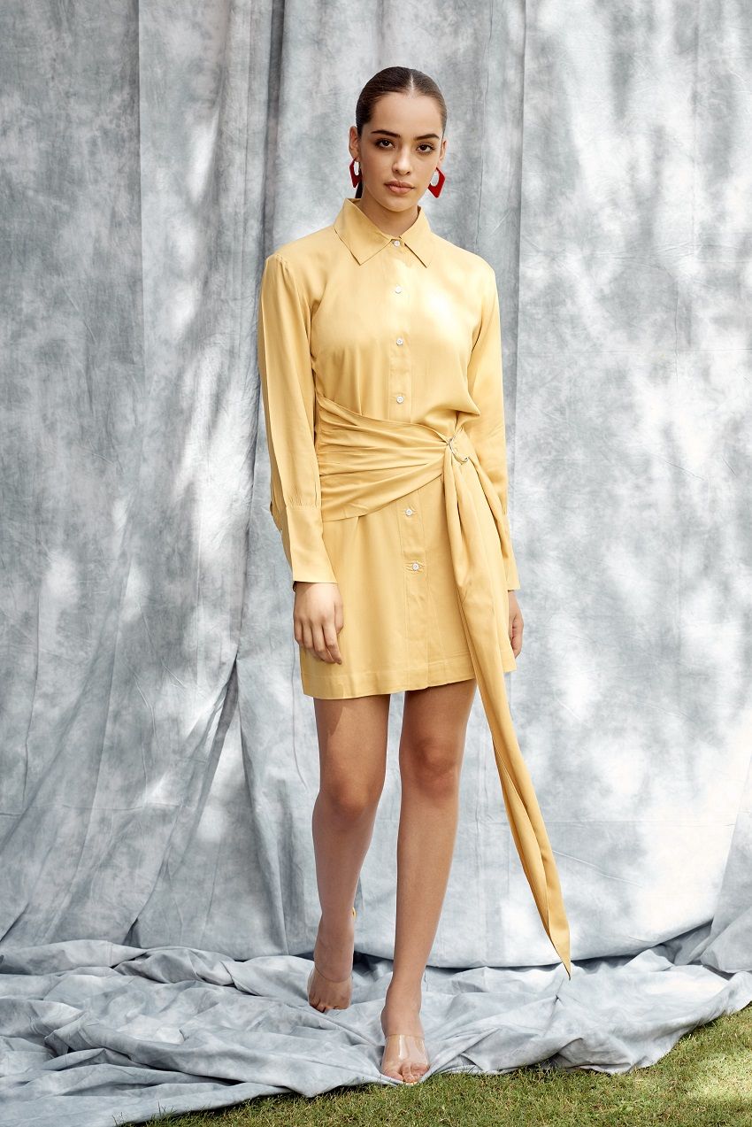 Yellow fullsleeves broad belt dress