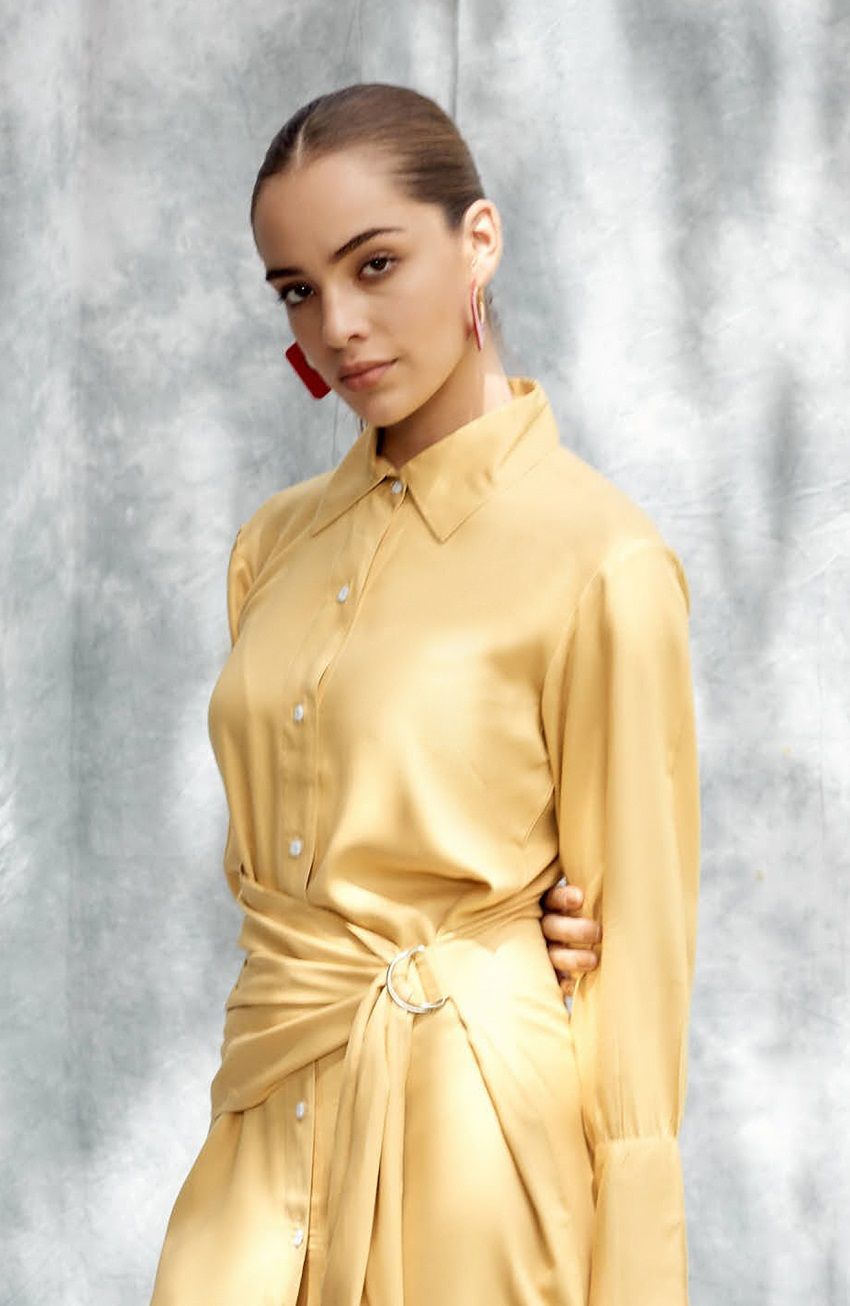 Yellow fullsleeves broad belt dress