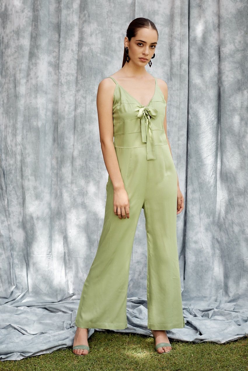 Olive green jumpsuit with front cut out detail with tie