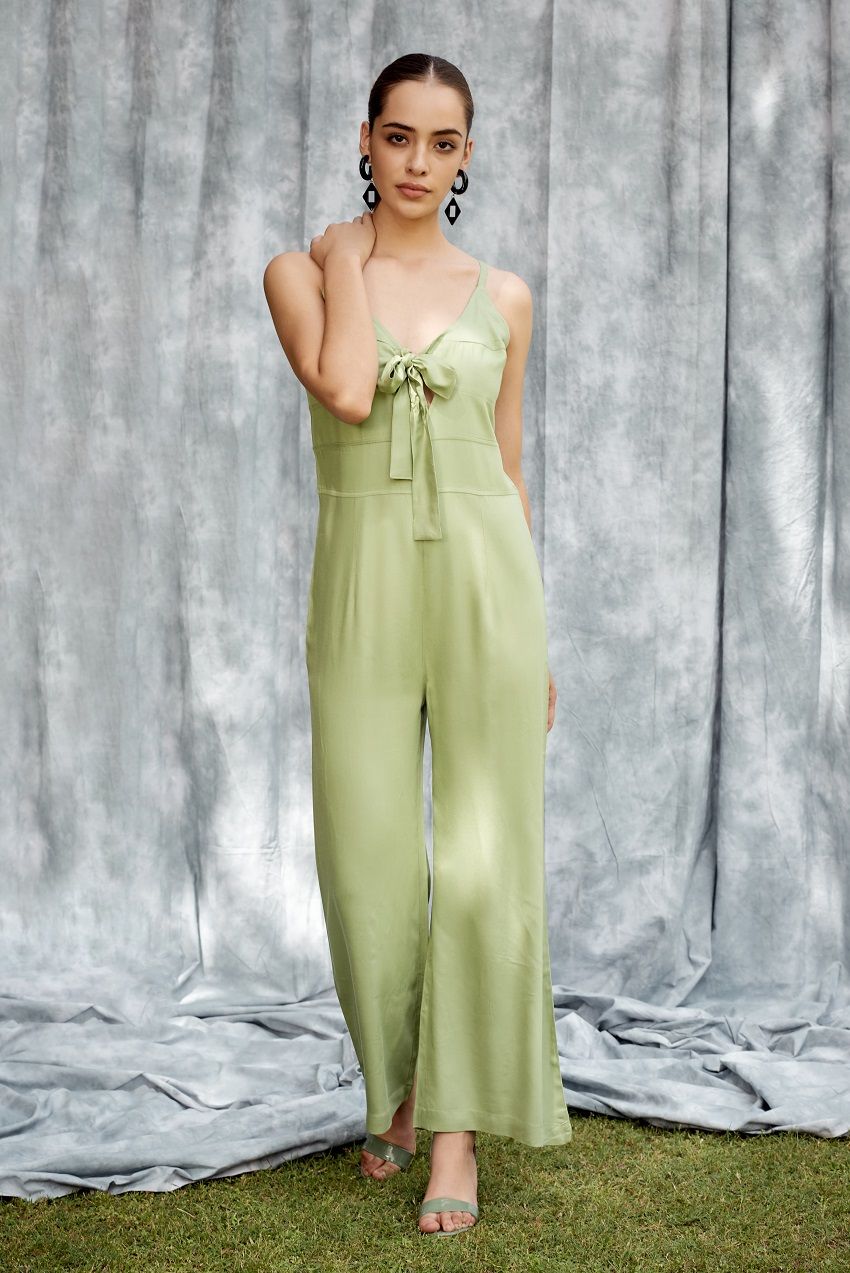 Olive green jumpsuit with front cut out detail with tie