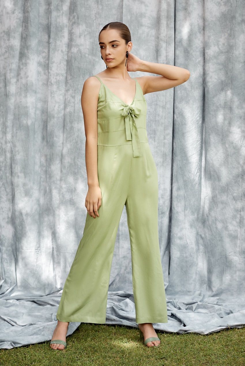 Olive green jumpsuit with front cut out detail with tie