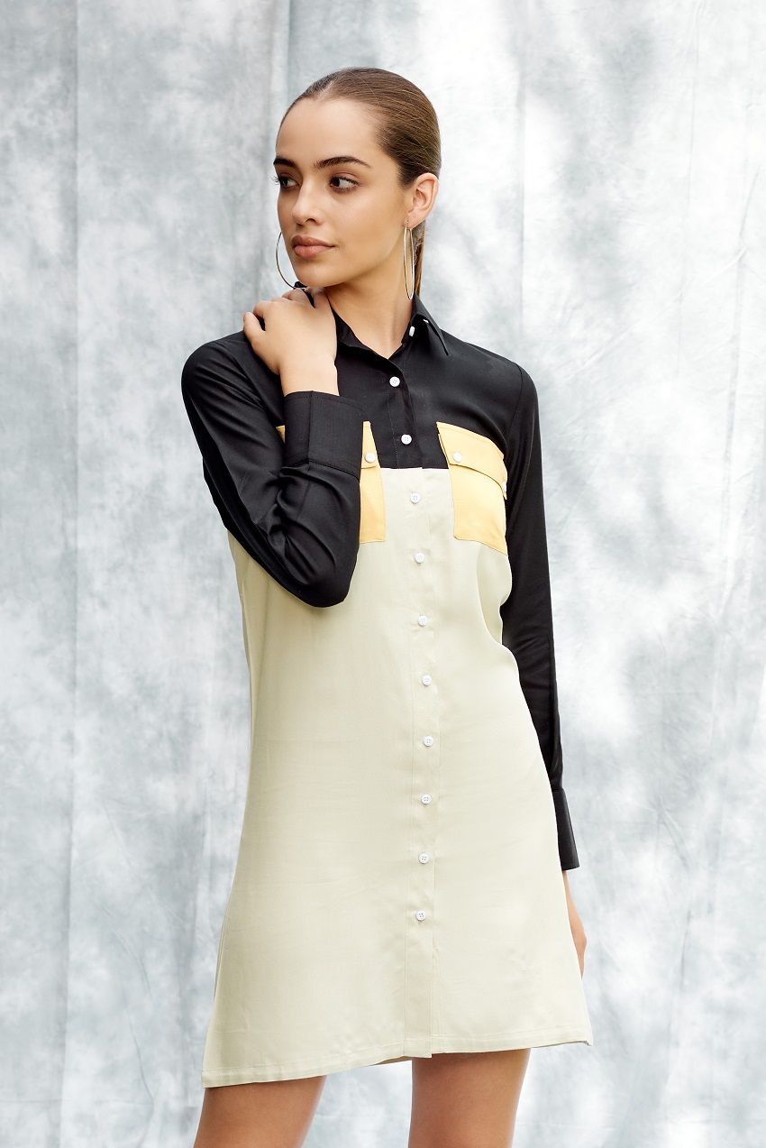 Three colour shirt dress with contrast flap pockets