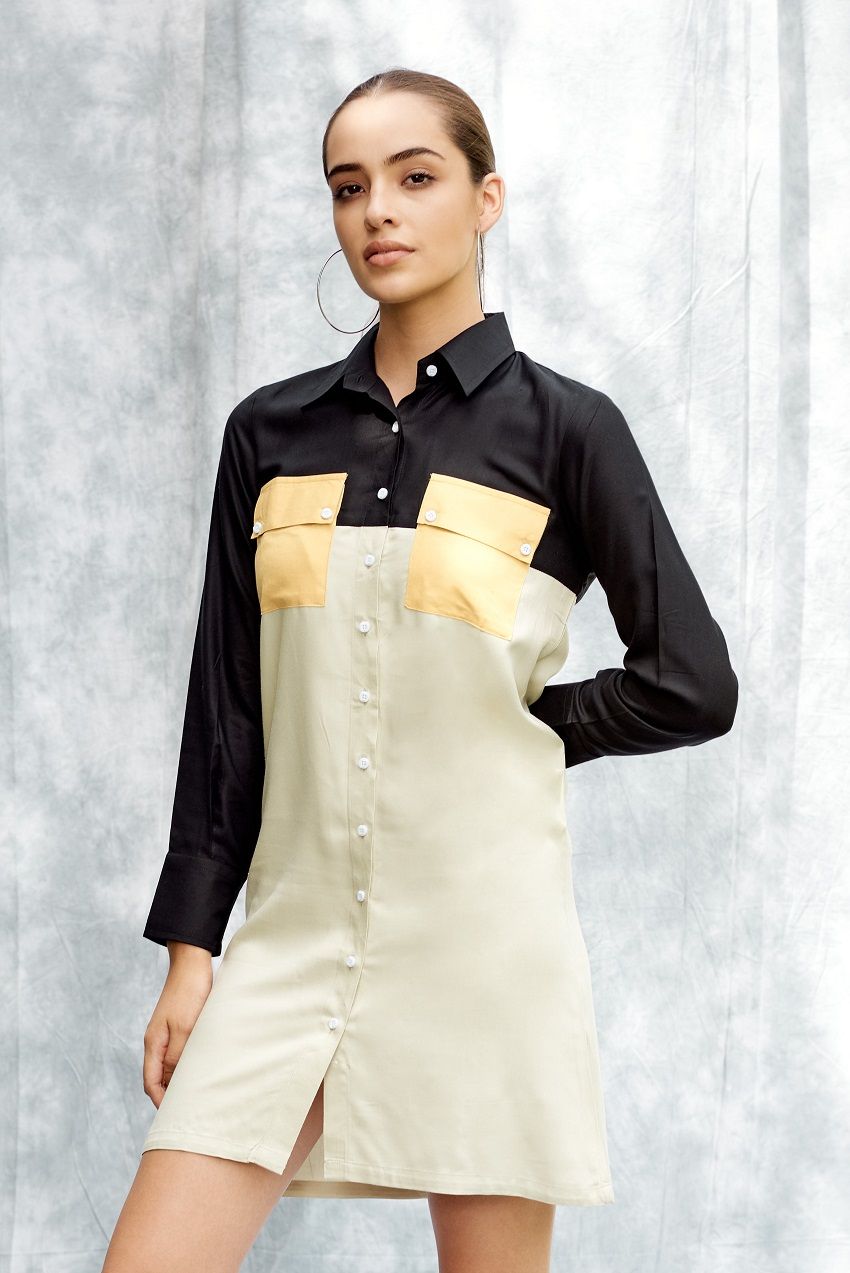 Three colour shirt dress with contrast flap pockets