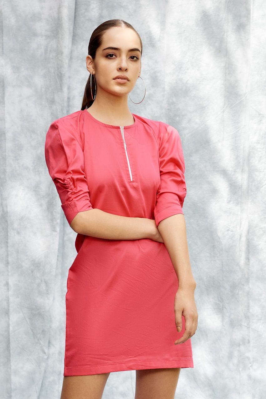 Hot pink ruffled sleeves short dress