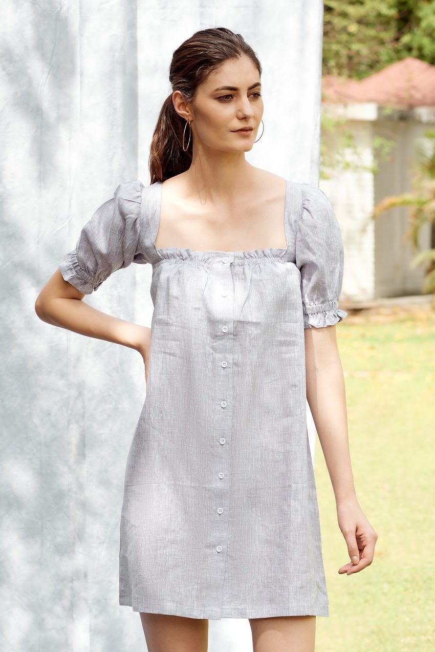 Spring puff sleeves linen short dress