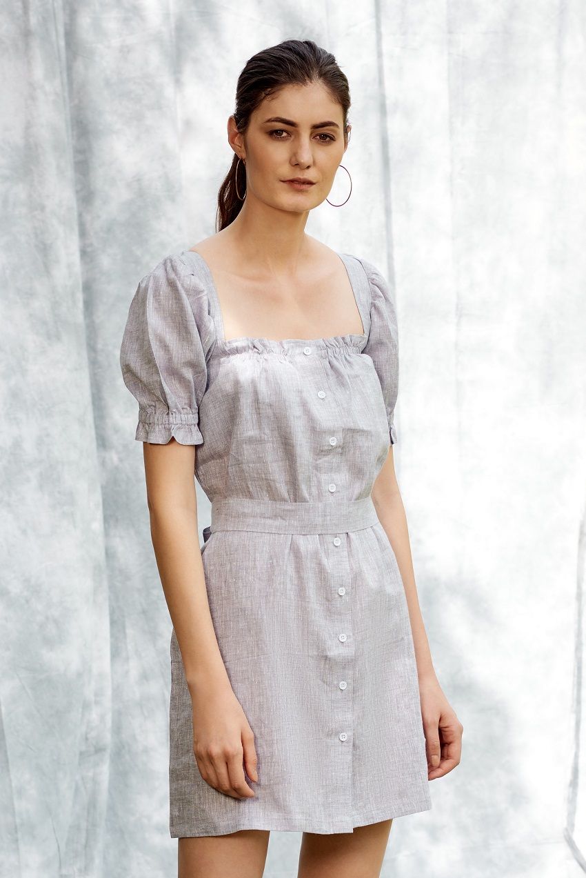 Spring puff sleeves linen short dress