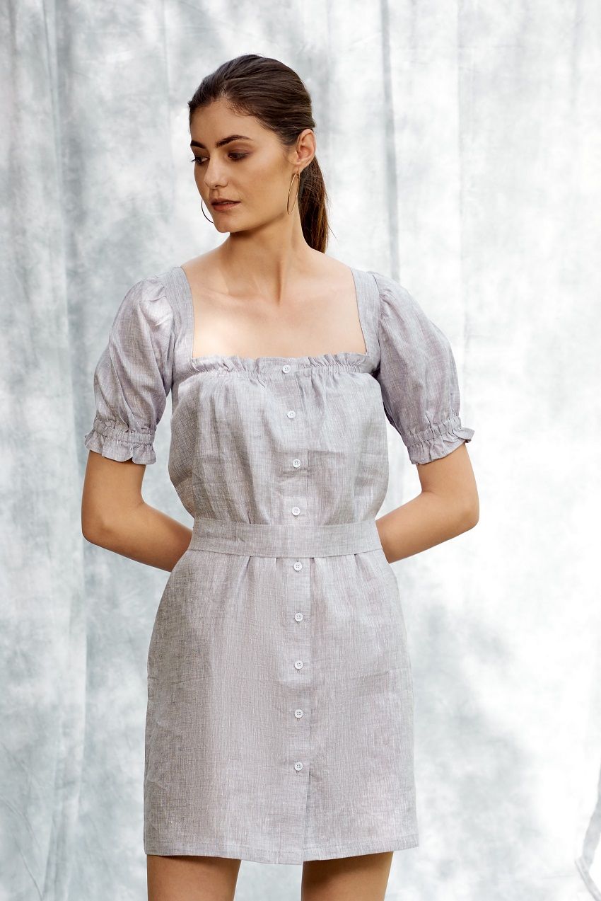 Spring puff sleeves linen short dress