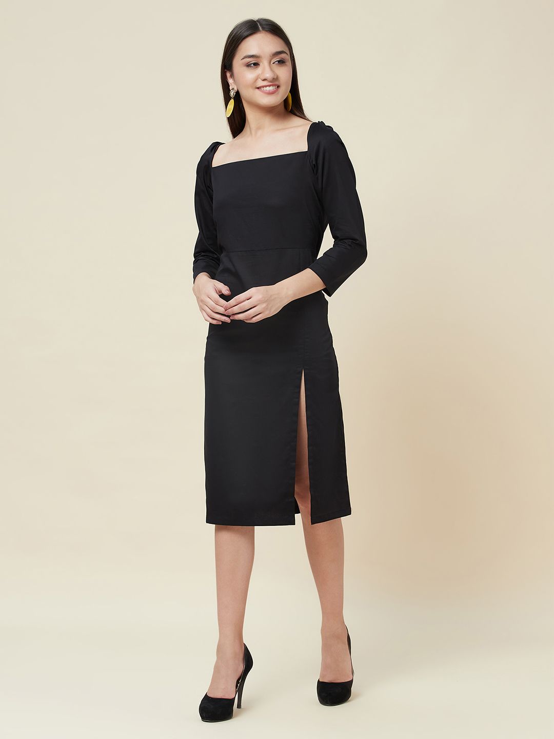 Retro square neck split midi dress in black