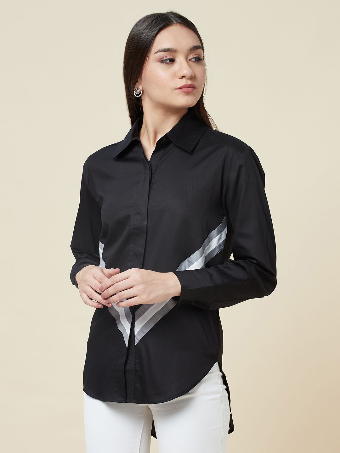 Anysa signature grey and white striped black shirt