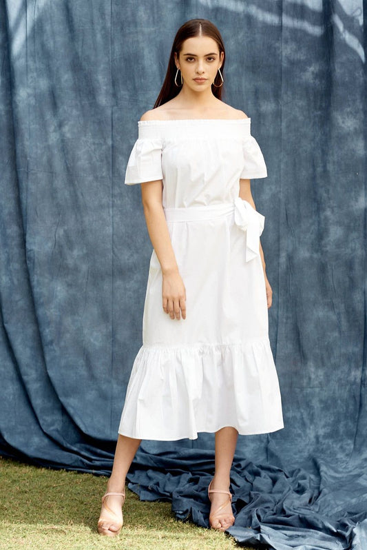 Off shoulder belted, fit and flare midi dress