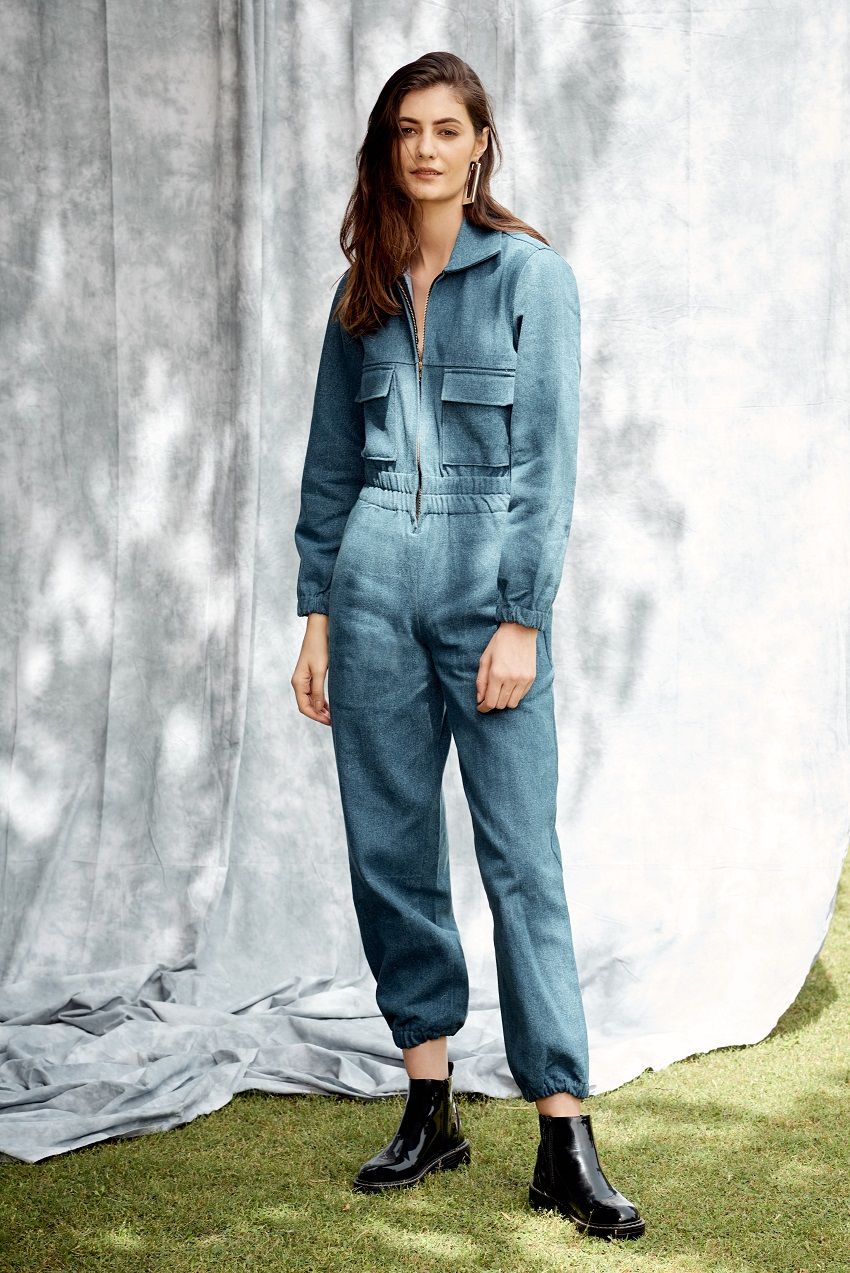 Denim jumpsuit with two patch pockets and zip fastening