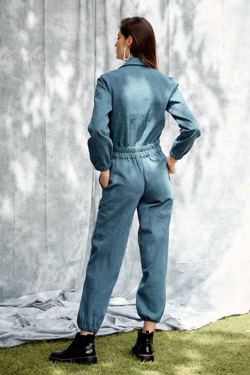 Denim jumpsuit with two patch pockets and zip fastening