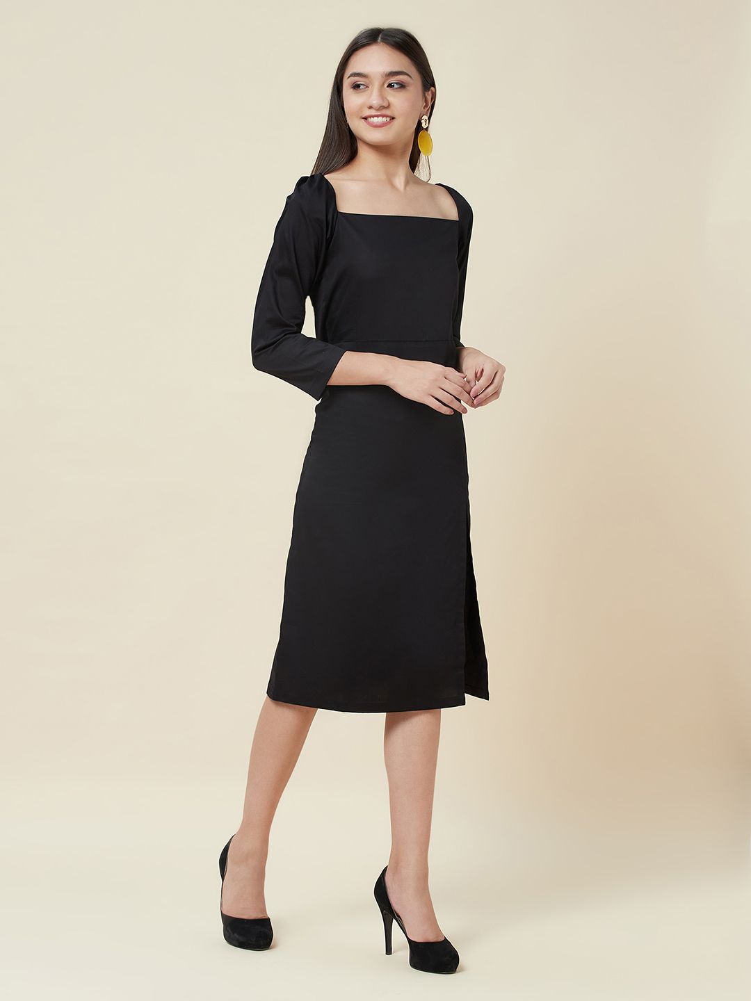 Retro square neck split midi dress in black