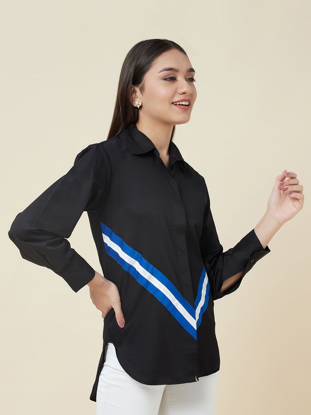 Anysa signature blue and white striped black shirt