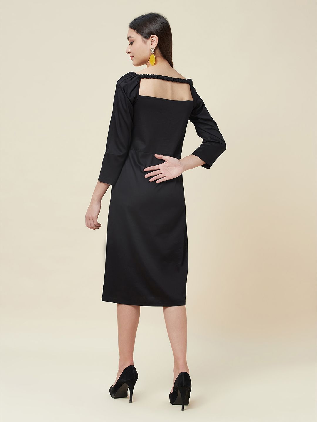 Retro square neck split midi dress in black