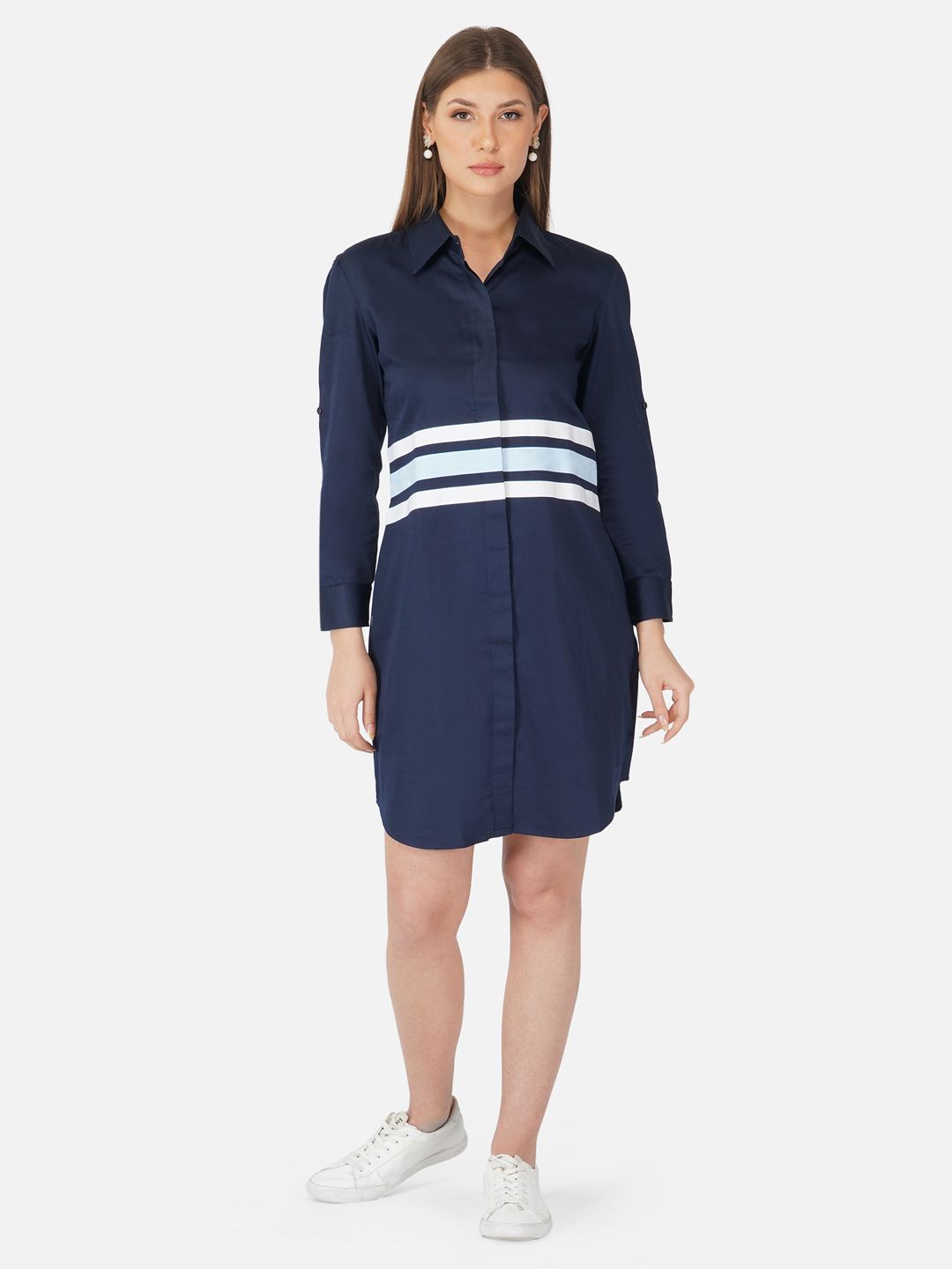 Light blue and white striped navy shirt dress