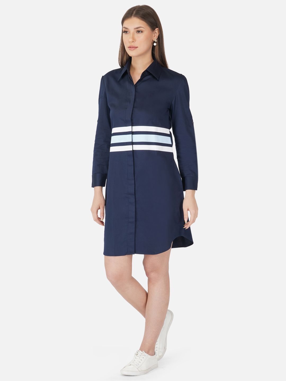 Light blue and white striped navy shirt dress