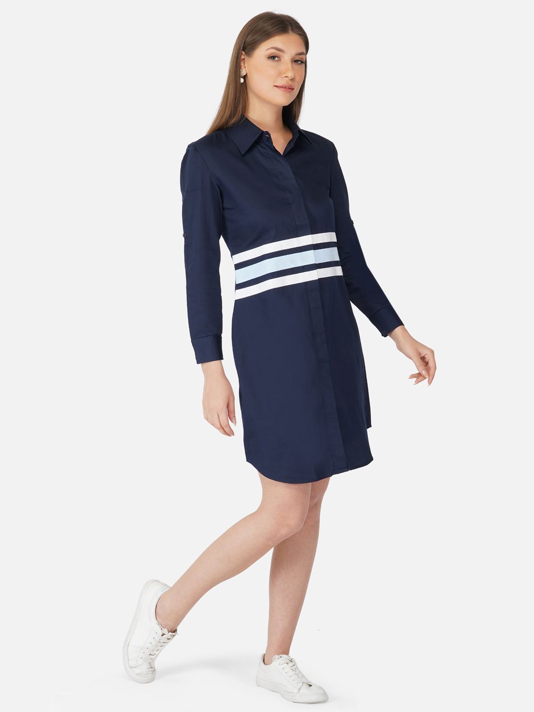 Light blue and white striped navy shirt dress