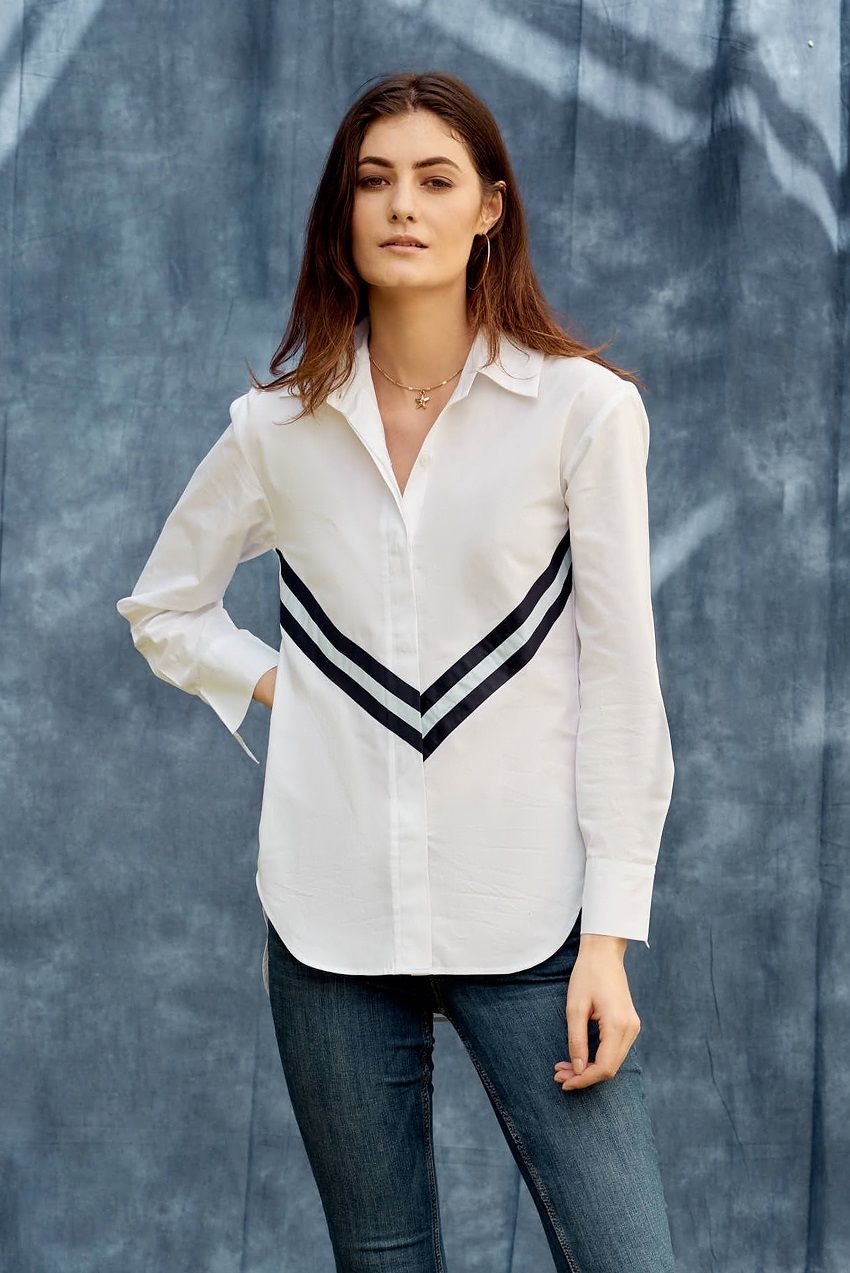 Anysa signature marine striped white poplin shirt