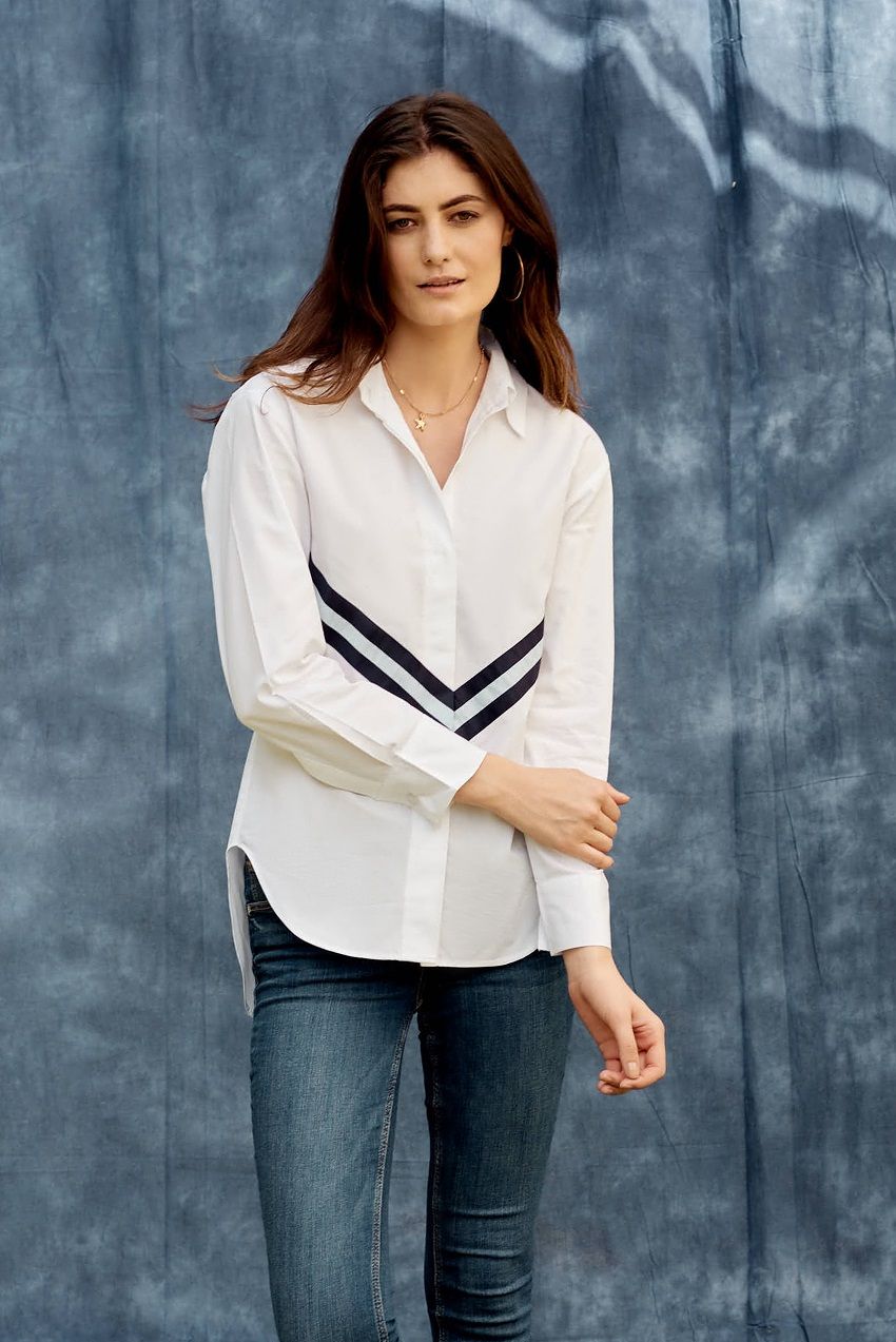 Anysa signature marine striped white poplin shirt