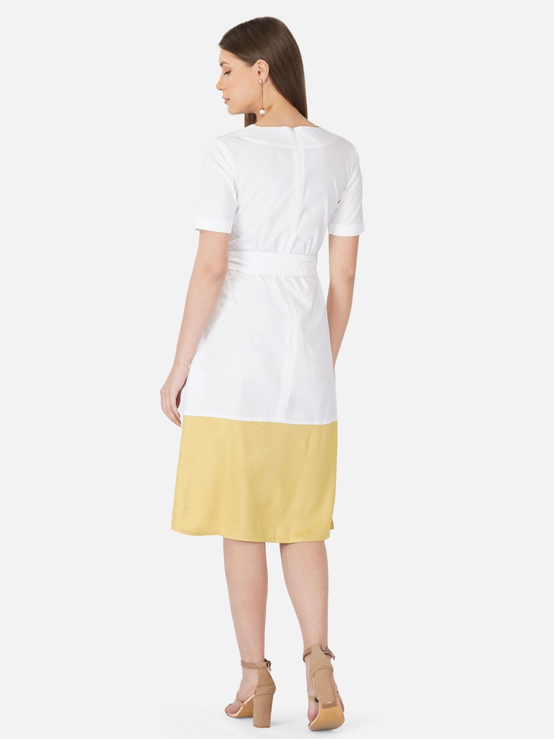 White and yellow colorblock belted dress