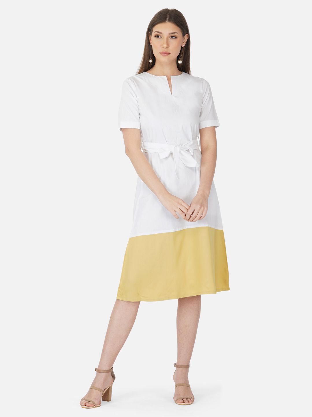 White and yellow colorblock belted dress