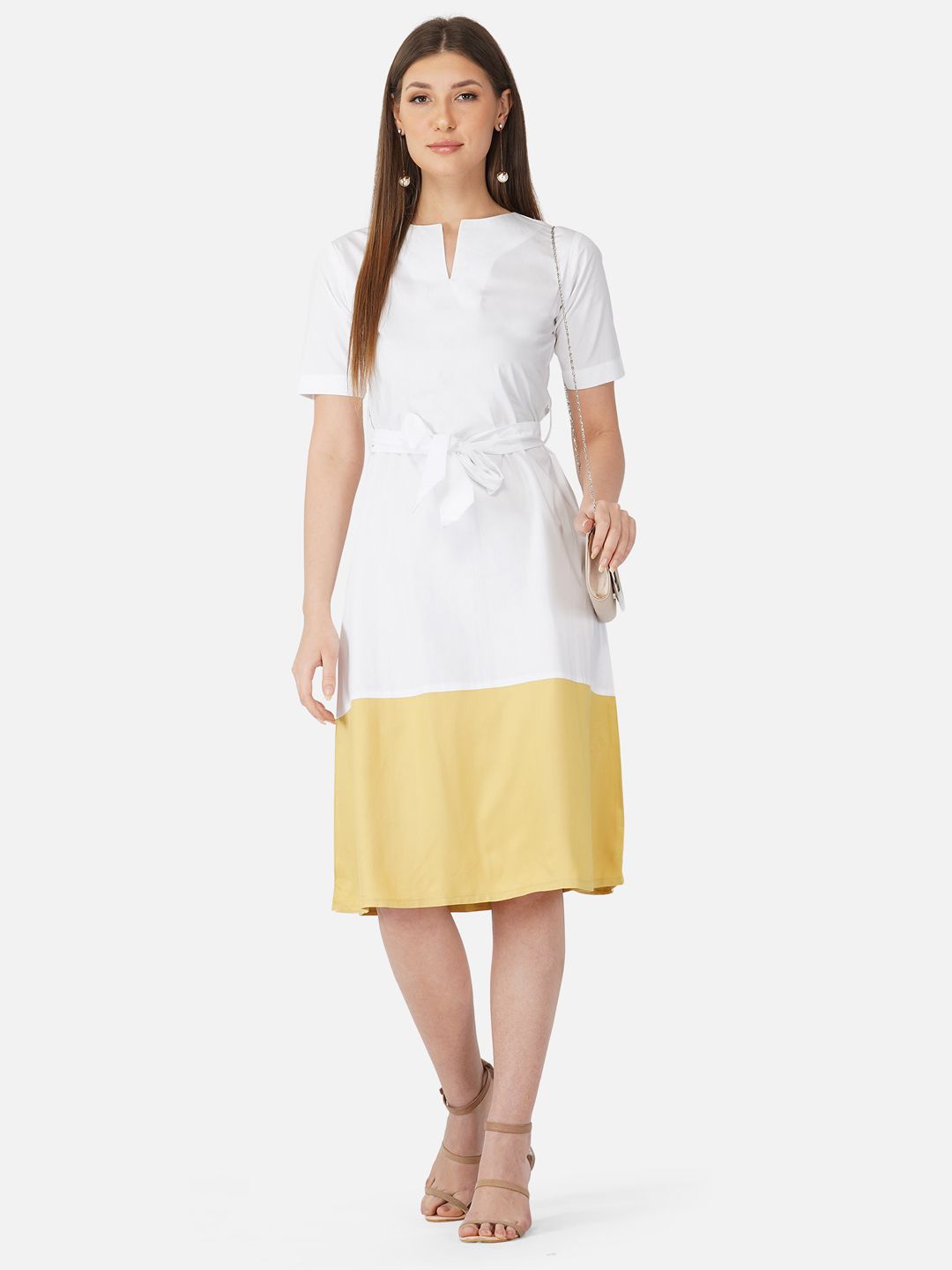 White and yellow colorblock belted dress