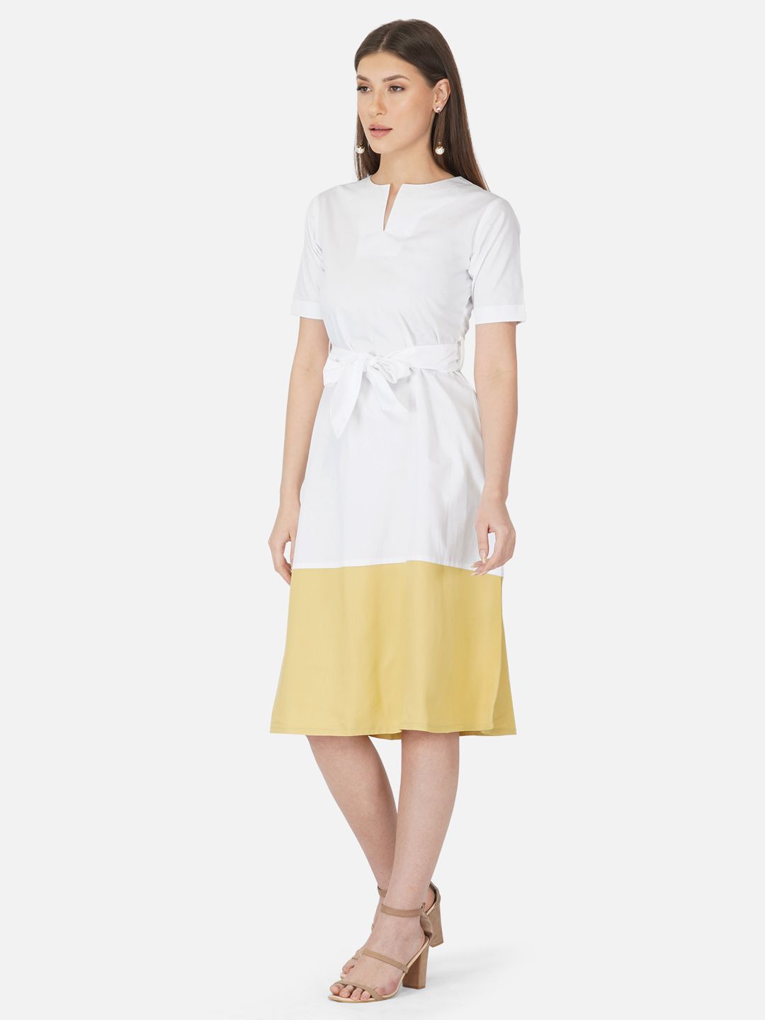 White and yellow colorblock belted dress